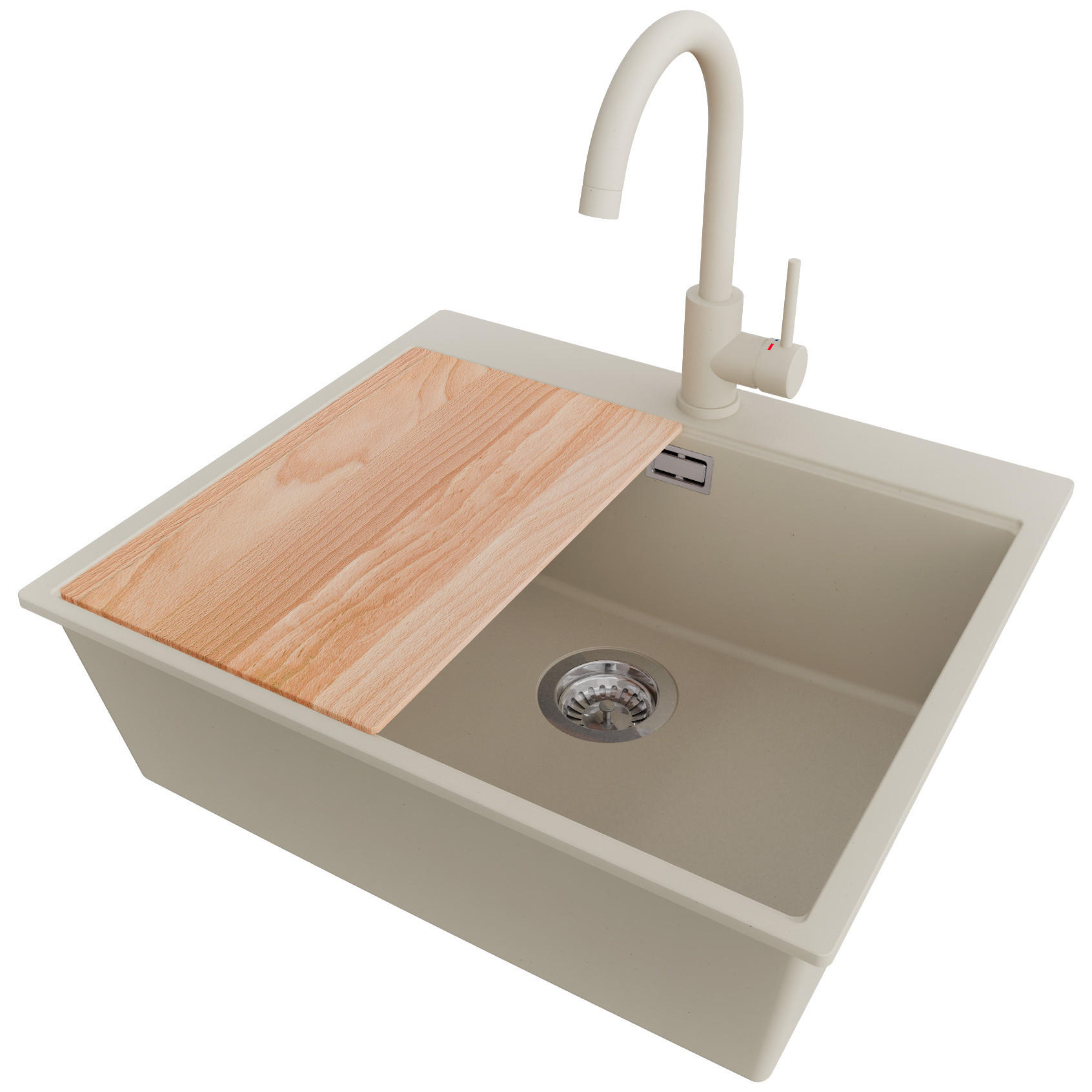 GRANITSPÜLE Oslo, 2-er set Beige 58/50 cm 1 Becken + Küchenarmatur 32/20 cm + Ablauf-Set + Schneidebrett ab 60er Unterschrank - Chromfarben/Beige, Kunststoff (58/20/50cm) - Primagran