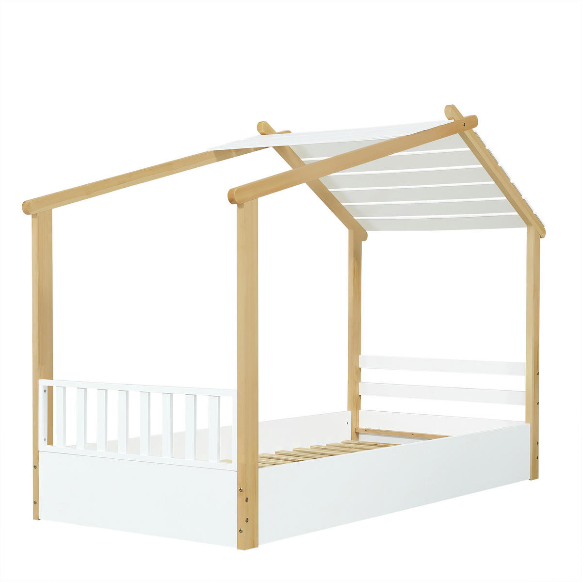 HAUSBETT aus Kiefer, Spanplatte und MDF 90x200 cm Weiß/Natur mit Lattenrost im Holzhausdesign - Weiß, Holzwerkstoff (90/200cm) - Modfu