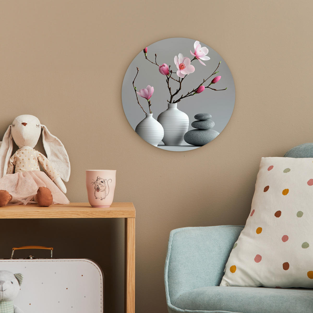 WANDBILD Magnolie - Blumen - Rosa - Zen-Steine 30x30 cm - Hellgrau, Kunststoff (30/30cm) - MuchoWow