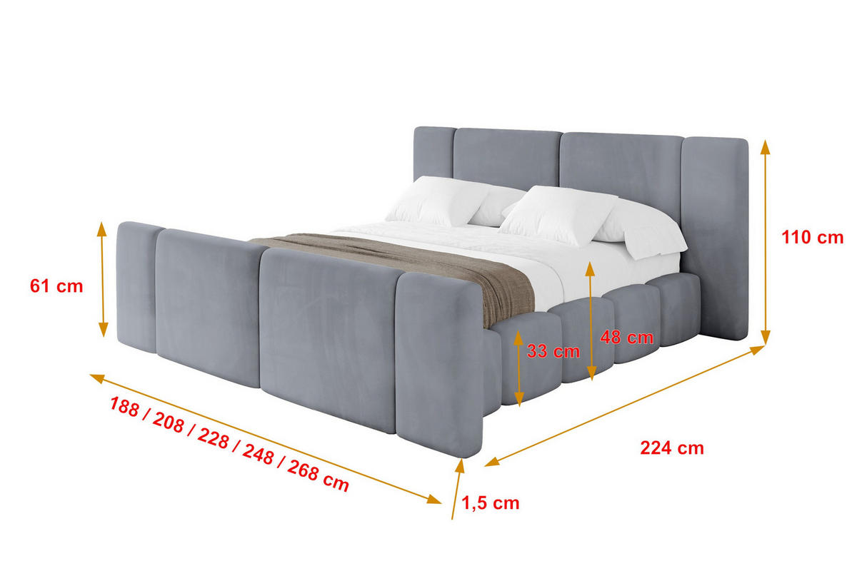 POLSTERBETT mit Bettkasten, Fußteil und Lattenrost, Bett mit Matratze H3/H4 - NILO-Z 180x200 Grau - Grau, Holzwerkstoff/Textil (180/200cm) - ALTDECOR