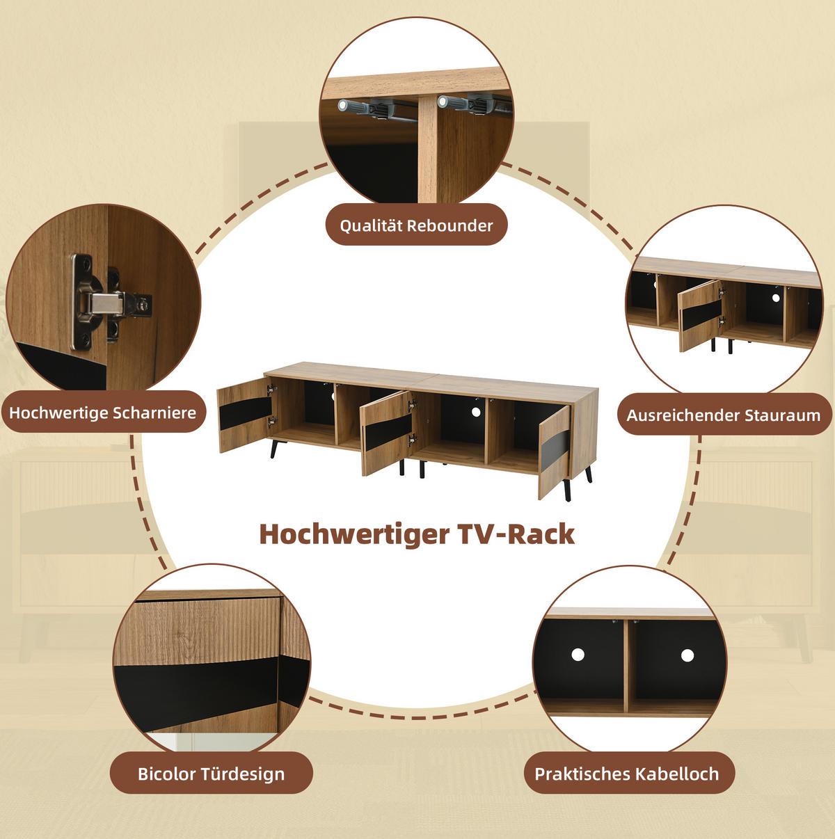 LOWBOARD 180/40/50 cm Natur/Schwarz aus Spanplatte mit 4 Schränken - Naturfarben, Holzwerkstoff (40/50/180cm) - OKMYHOME