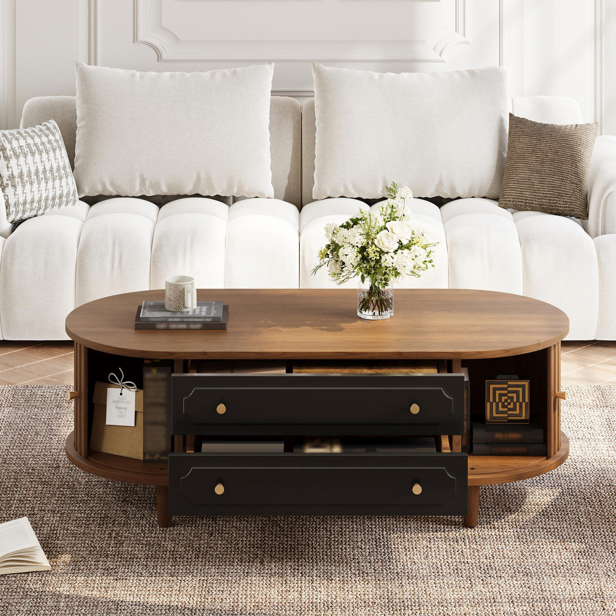 COUCHTISCH aus Spanplatte 100x50x36 cm in Walnuss-Schwarz mit 2 Schubladen - Walnussfarben, Holzwerkstoff (100/50/36cm) - Modfu
