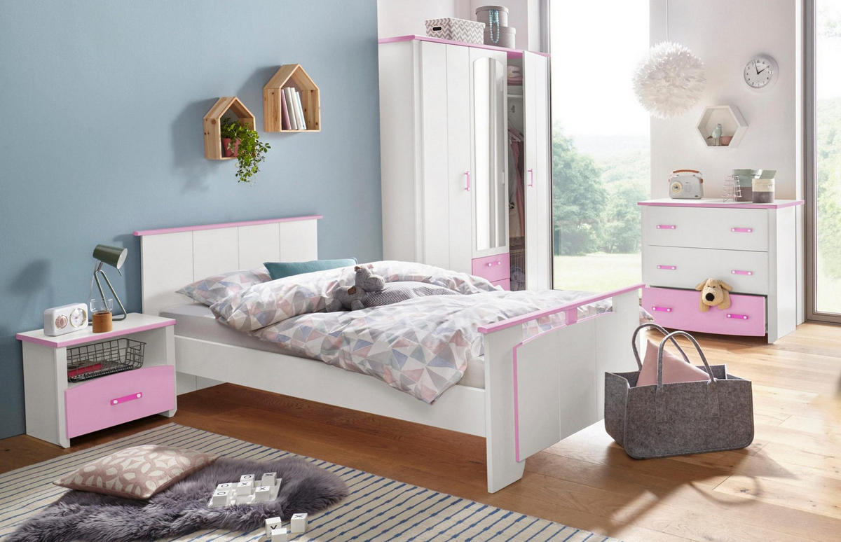 KINDERZIMMER Set 3-tlg Kommode Nachttisch und Bett 90 x 200 cm - Rosa/Weiß, Holz/Holzwerkstoff (90/79/200cm) - Parisot Meuble