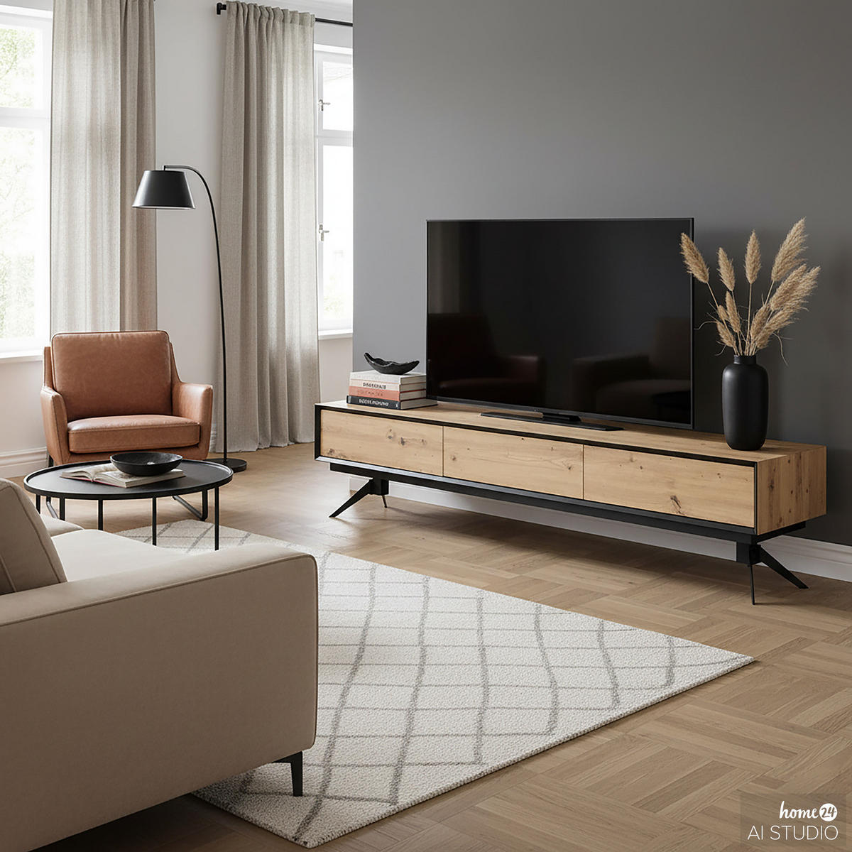 TV-LOWBOARD - Eiche Dekor / Schwarz - Eichefarben/Schwarz, Holzwerkstoff/Metall (200/46/40cm) - home24