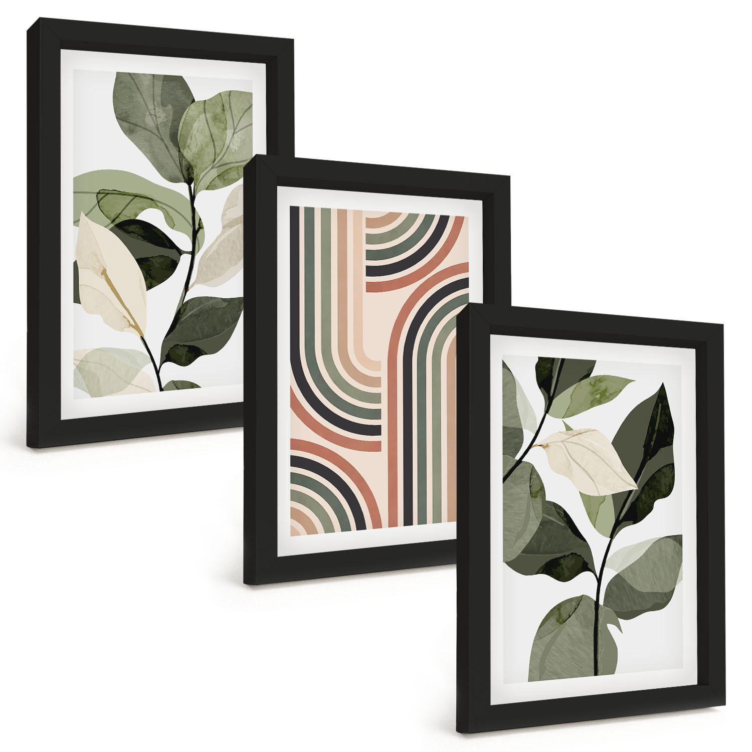 BILDER SET 3er Set - 20x30 cm Schwarzer Rahmen - Geometrische Pflanzenmotive - Schwarz, Kunststoff (20/30cm) - TULUP