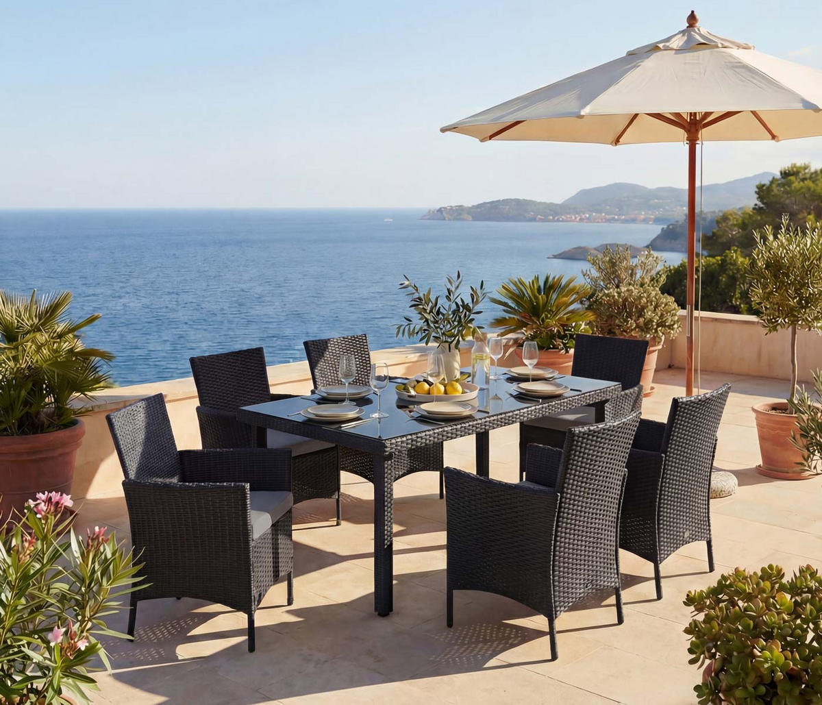 POLY-RATTAN-GARNITUR Anthrazit - Anthrazit, Kunststoff - MCW