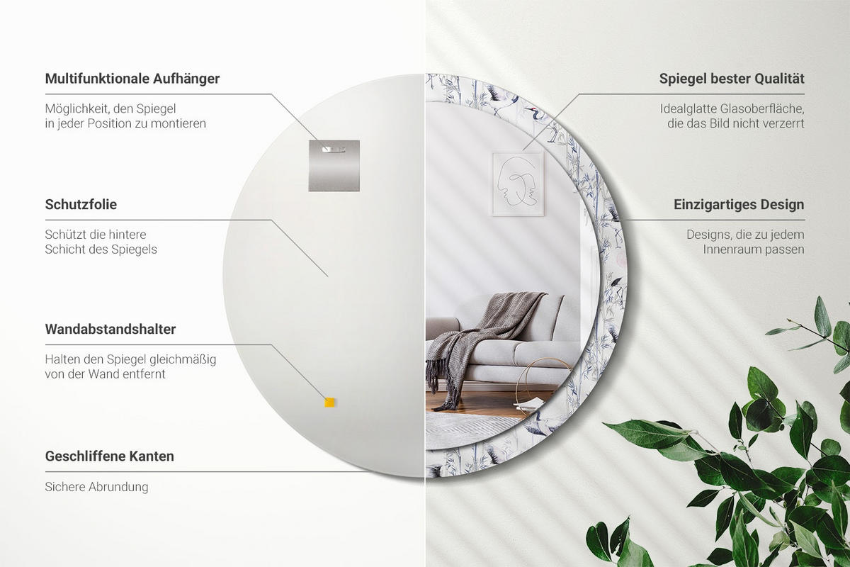 SPIEGEL Rund Ø 100 cm mit Aufdruck - Blau/Weiß, Glas (100/100/0.4cm) - Wallfluent