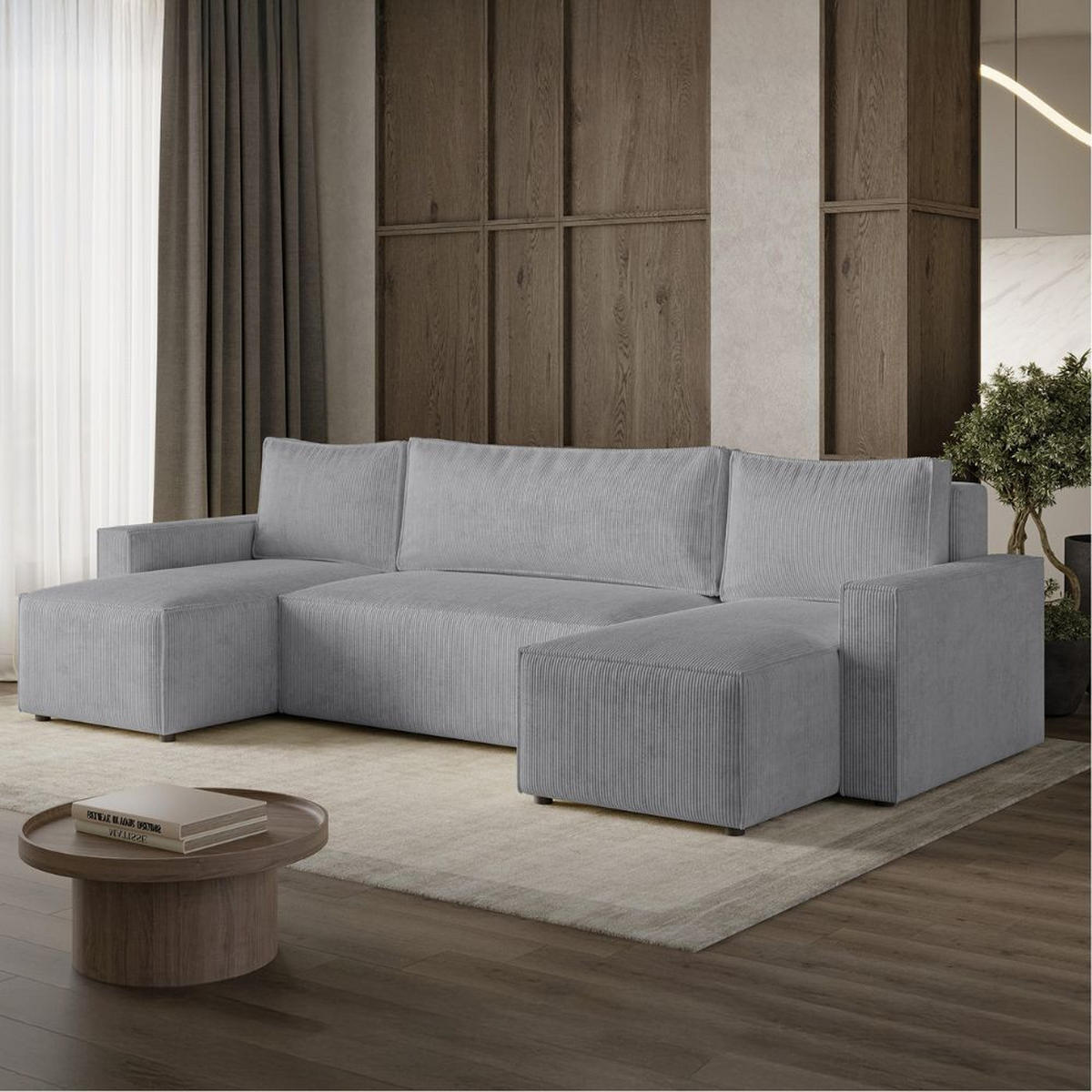 ECKSOFA LIVIO U mit Schlaffunktion und Bettkasten – Moderne Wohnlandschaft in U-Form (POSO 55) - Grau, Holz (300/90/142cm) - Dekori_Interiors