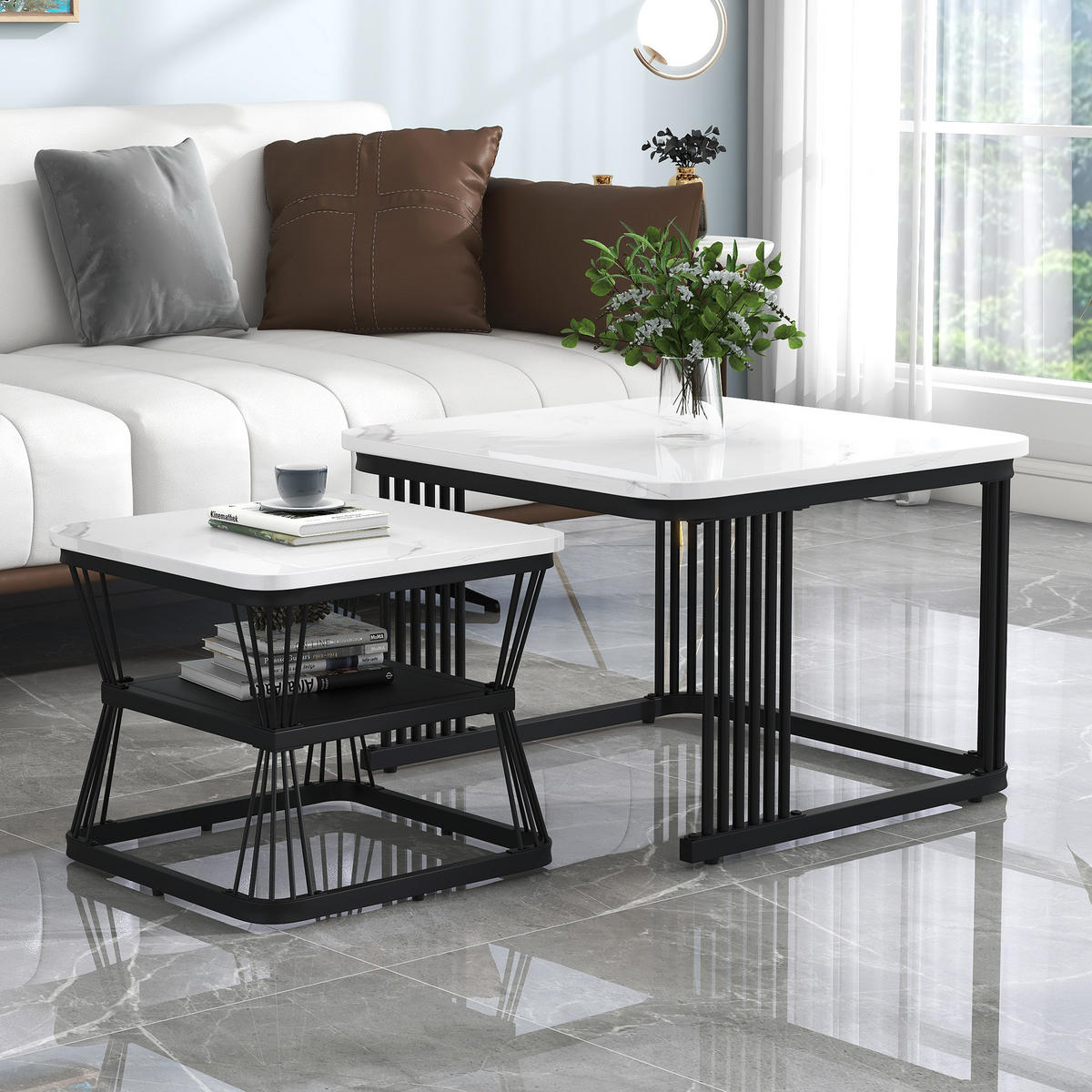 COUCHTISCH-SET 65/65/45 und 45/45/39,5 cm aus MDF mit Marmoroptik, 2-teilig und platzsparend, Weiß/Schwarz - Weiß, Holzwerkstoff (65/65/45cm) - Redom
