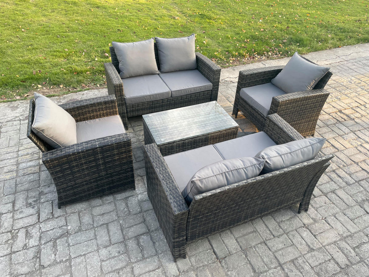 GARTENSOFA SET mit Couchtisch Polyrattan Dunkelgrau 6-Sitzer - Dunkelgrau, Metall - Fimous