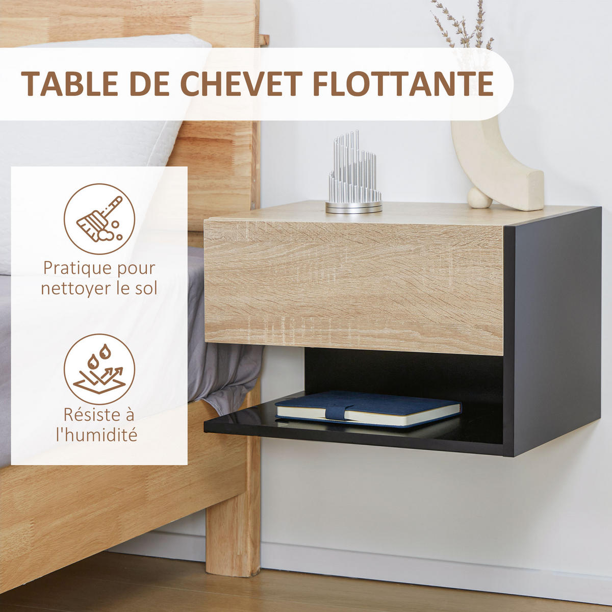 NACHTSCHRANK 2er-Set DE-12808 Schublade und offenes Fach Schwarz/Eiche hell - Schwarz, Holzwerkstoff (30/30/46cm) - ComfortXL