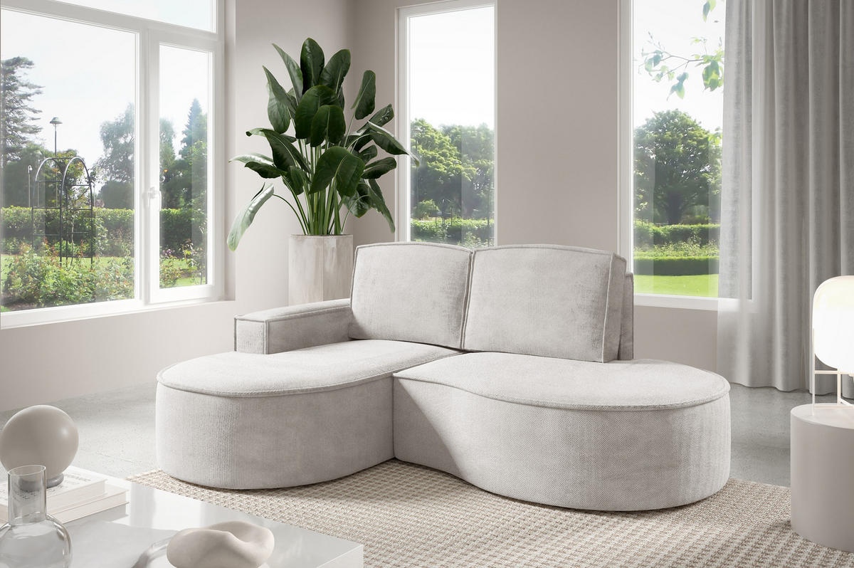 ECKSOFA MOLLY – Halbkreisförmig, Curio-Bouclé, Lose Kissen, 210x157x88 cm, Links Weiß - Creme, Holz/Textil (157/210cm) - DomoHome