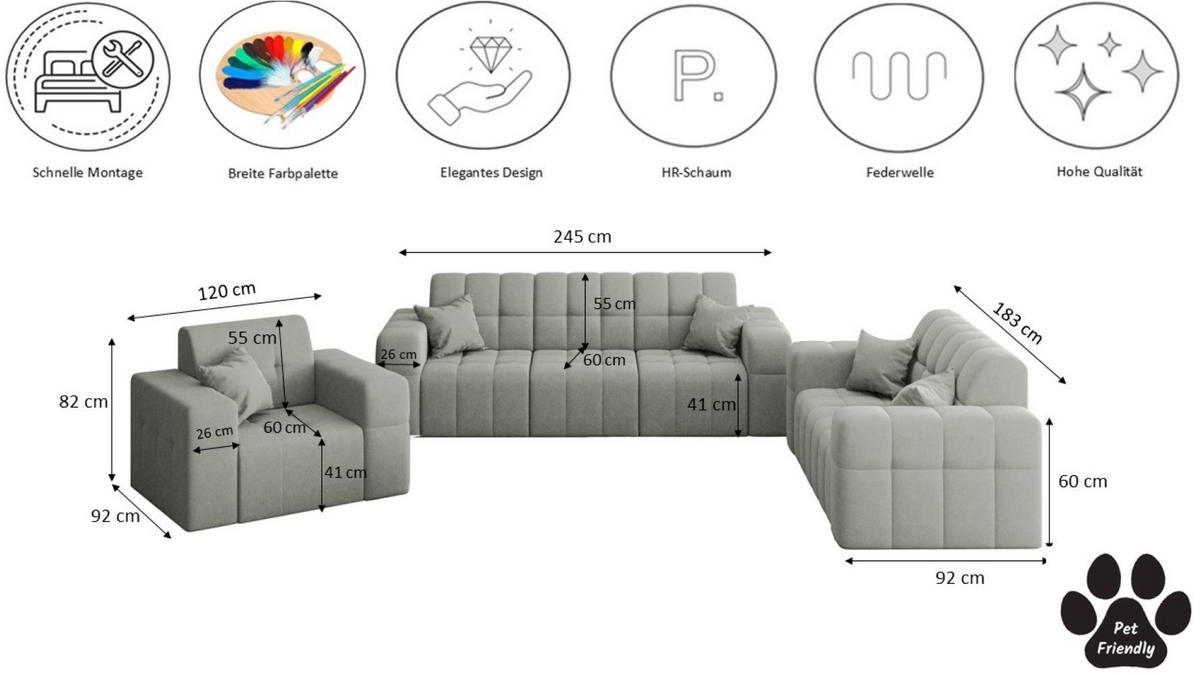 SITZGARNITUR NIMES 3-2-1 Stoff Portland Grau - Grau, Holz/Textil (92/82/245cm) - Kaiser Möbel