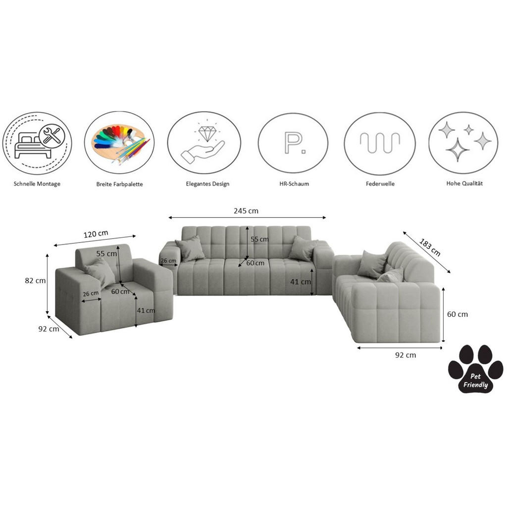 Thumbnail - Kaiser Möbel Sitzgarnitur, Grau, Textil, 6-Sitzer, Rechteckig, 92x82x245 cm, Wohnzimmer, Sofas & Couches, Sitzgarnituren