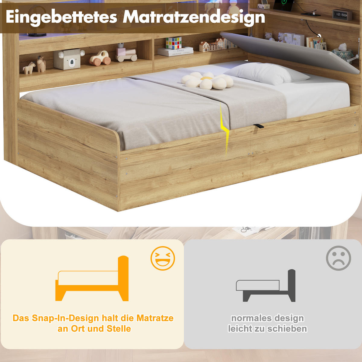 DAYBETT Natur 90x200 LED USB Hydraulik Stauraum Holz - Naturfarben, Holzwerkstoff (90/200cm) - FLIEKS