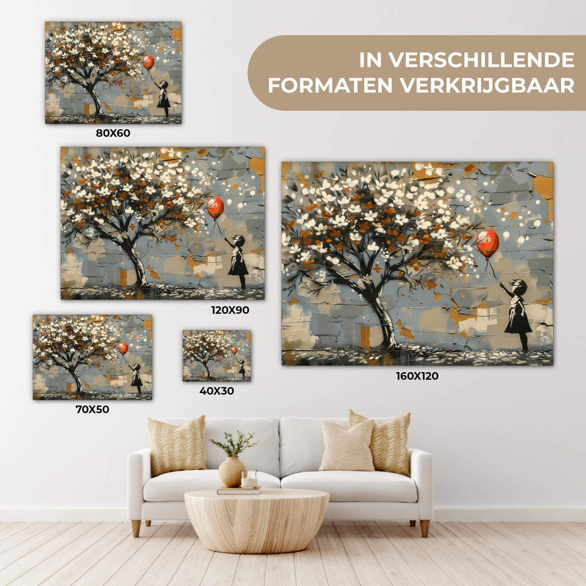 LEINWANDBILD Baum - Graffiti - Banksy-Stil - Ballon-Mädchen Wandbild 40x30 cm - Blaugrau, Textil (40/30cm) - MuchoWow