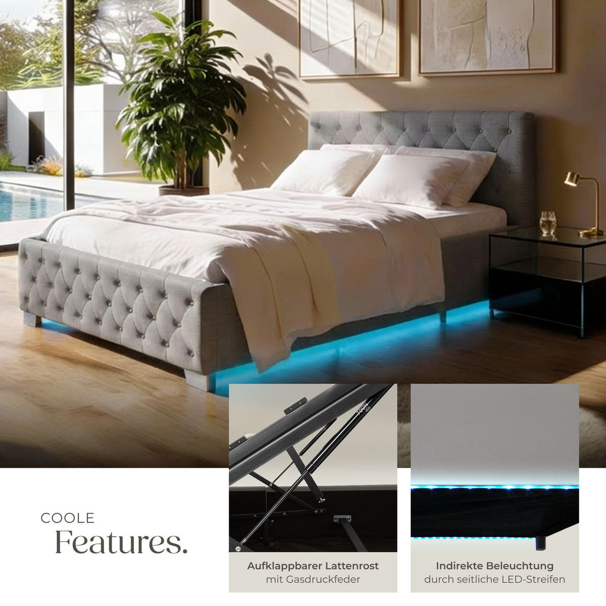 POLSTERBETT Venice, großer Stauraum, dunkelgrau - Dunkelgrau, Holz (140/200cm) - tectake