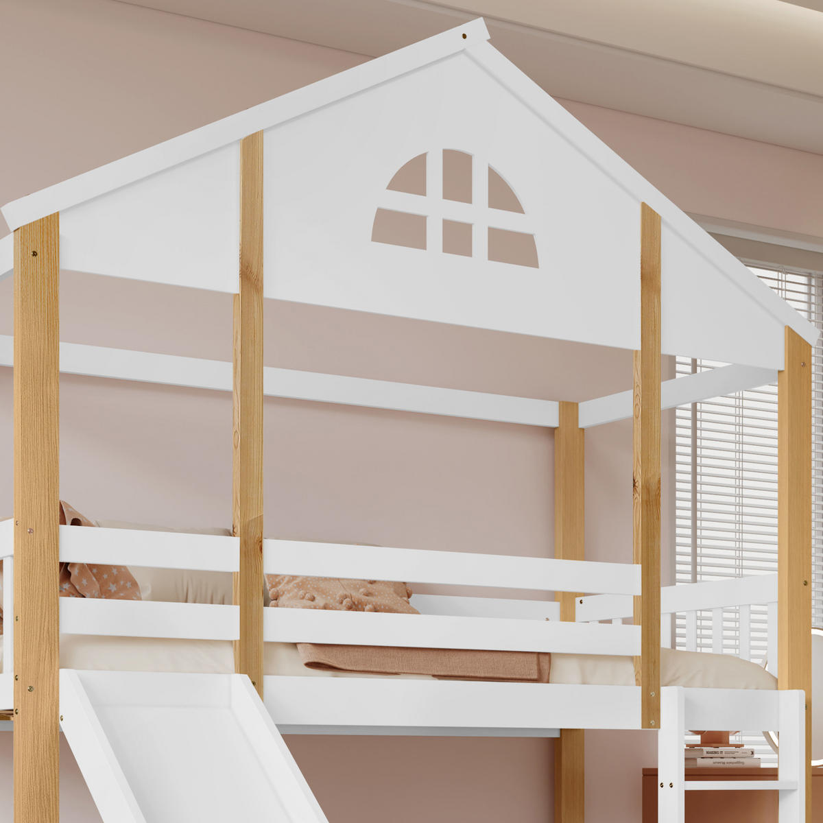 ETAGENBETT 90/200 cm in Weiß & Natur Kinderbett mit Rutsche und Treppe aus Massivholz - Weiß/Naturfarben, Holzwerkstoff (90/200cm) - STILVORA