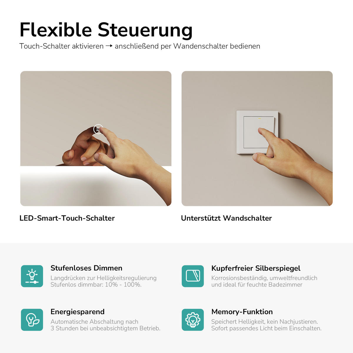 BADSPIEGEL mit Power-Off-Memory-Funktion Beleuchtung Rechteckig 100/60 cm - Weiß, Glas (60/3/100cm) - EMKE