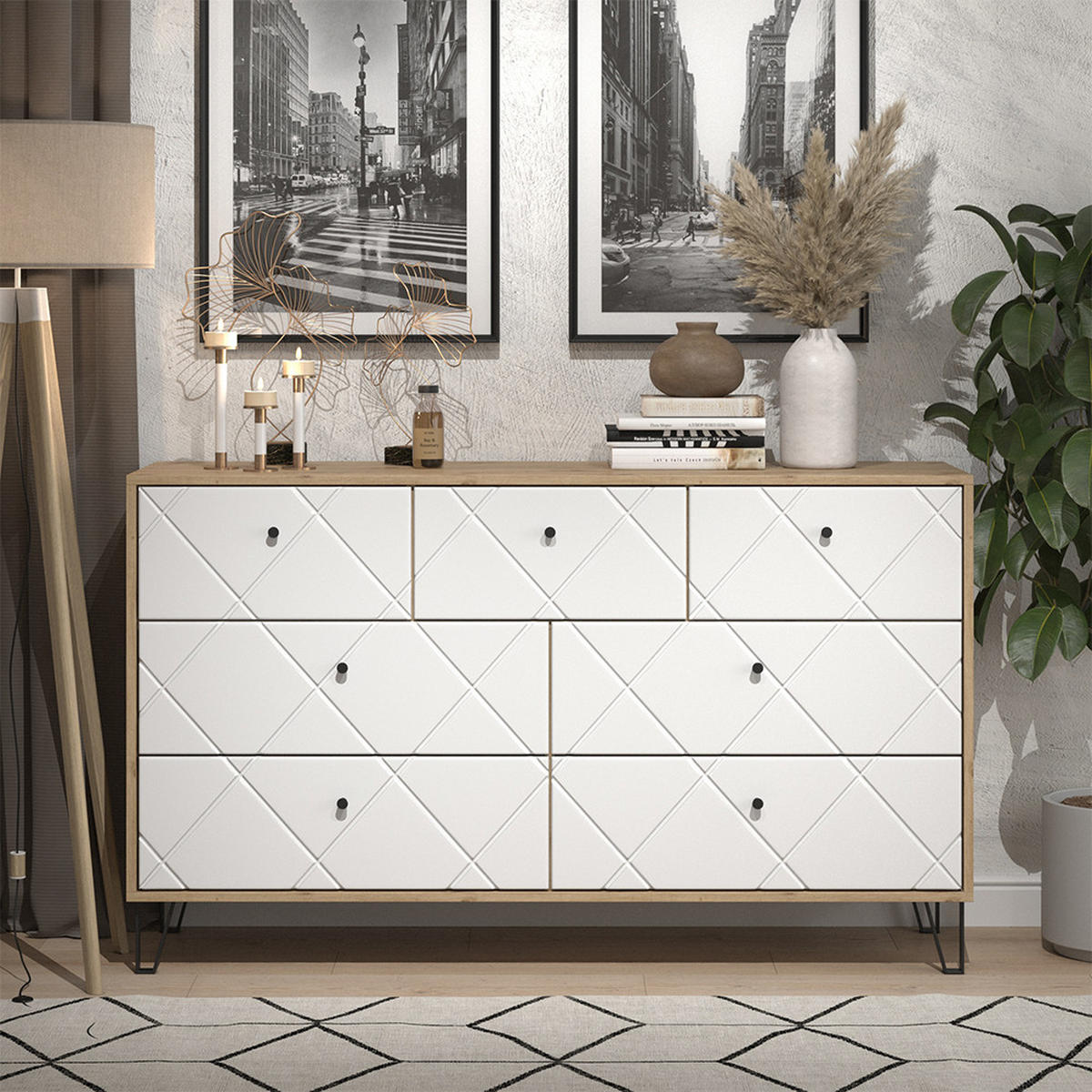 KOMMODE Nizza Artisan/Weiß 140.2 x 82.6 cm mit 7 Schubladen - Eiche Artisan/Weiß, Holzwerkstoff (140.2/82.6/40.1cm) - Vicco