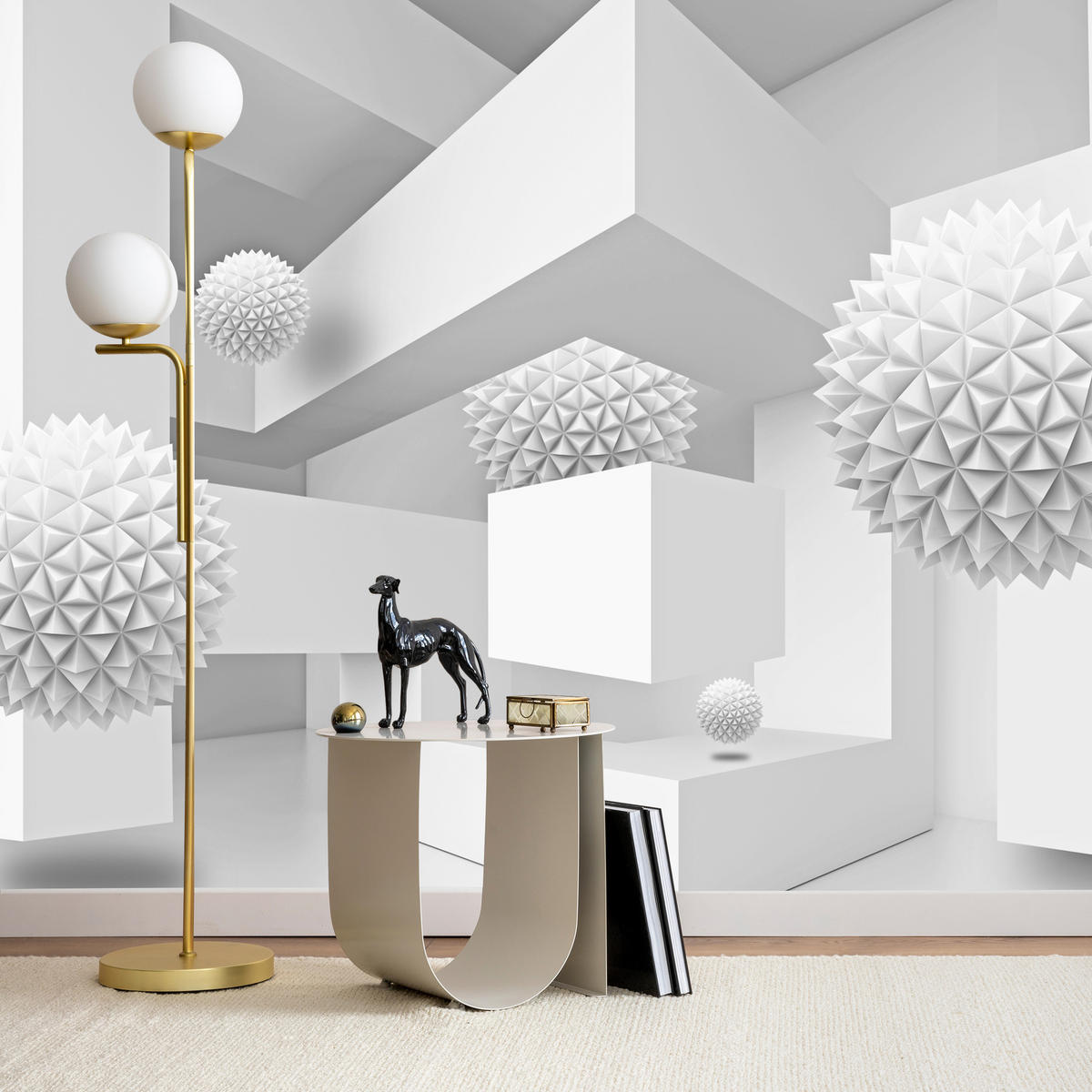 FOTOTAPETE für Wohnzimmer Abstrakte Kugeln Geometrie Illusion 350x256 - Weiß/Grau, Papier (350/256cm) - Muralo