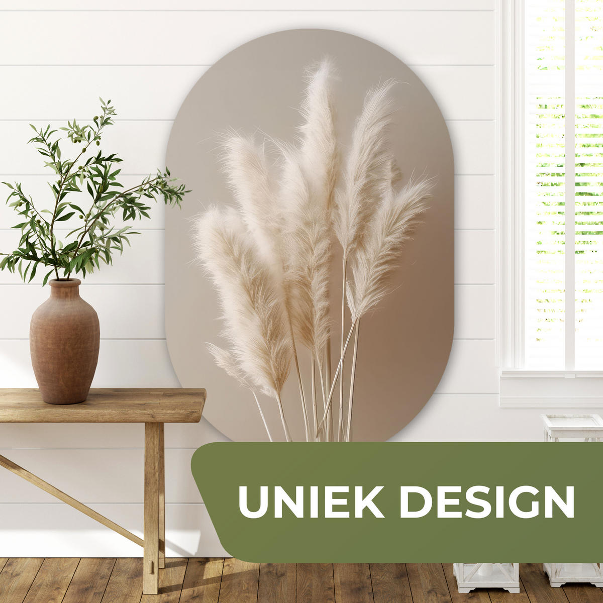WANDBILD Pampasgras - Federn - Pastell - Weiß Deko Groß 80x120 cm - Sandfarben, Kunststoff (80/120cm) - MuchoWow