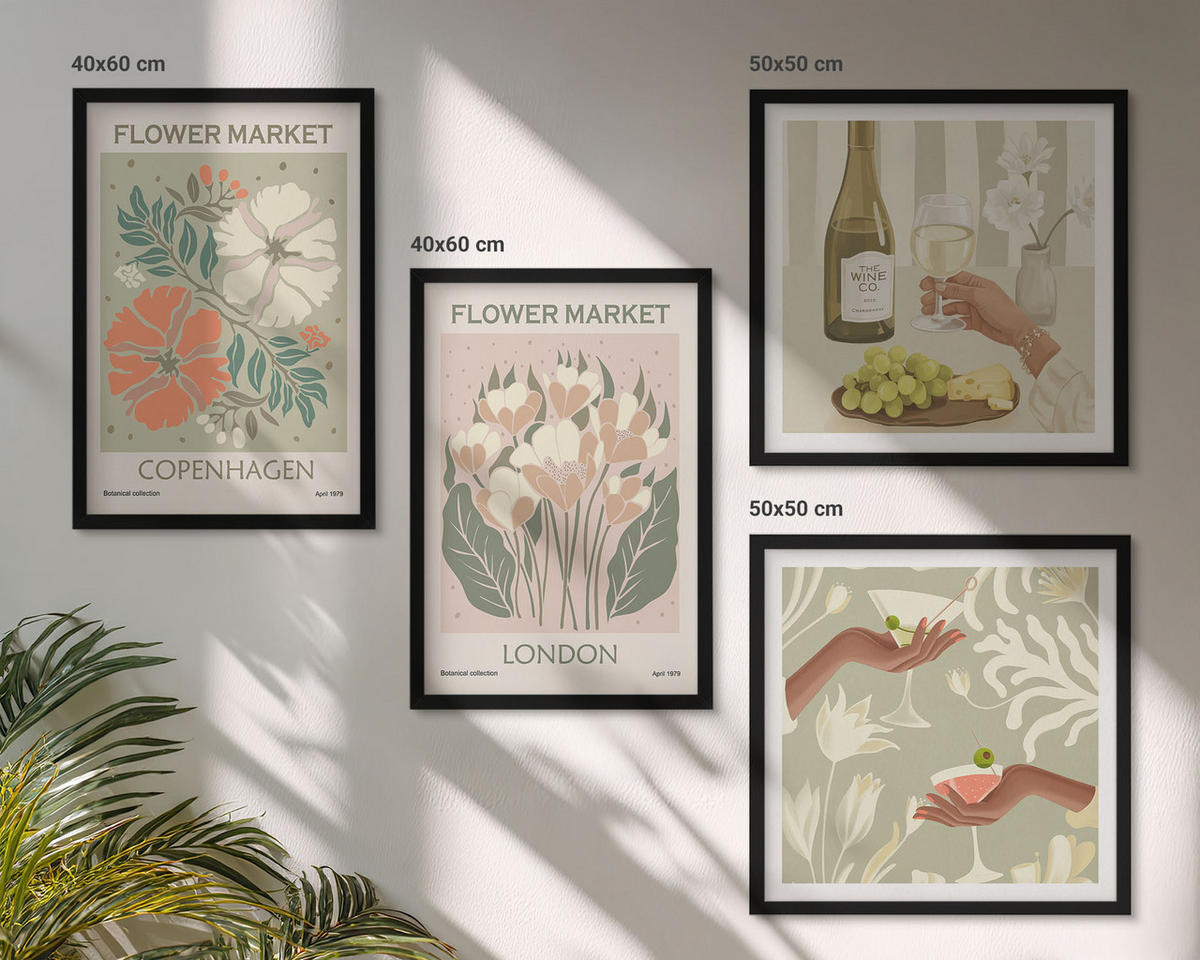 BILDER SET 4er Set - 50x50 cm & 40x60 cm Schwarzer Rahmen - Blumenposter Weinstadt - Schwarz, Kunststoff (50/50cm) - TULUP