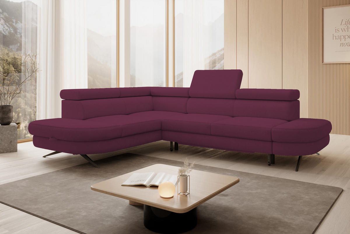 ECKSOFA OTIS L-förm, Schlaffunktion, verstellbare Kopfstützen, in AURORA-Stoff, lose Rückenkissen, freistehend, LINKS 218x276x97 cm Purple - Lila, Holz/Textil (218/276cm) - DomoHome