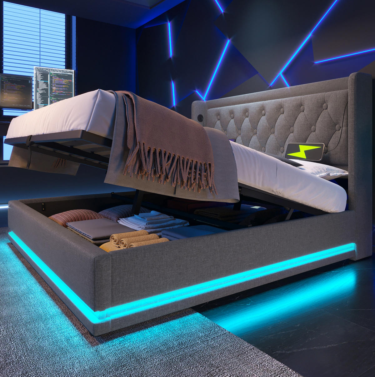 BETT mit Stauraum 140x200 cm Baumwolle Grau mit USB, Typ-C und LED - Grau, Metall (140/200cm) - Meubliv
