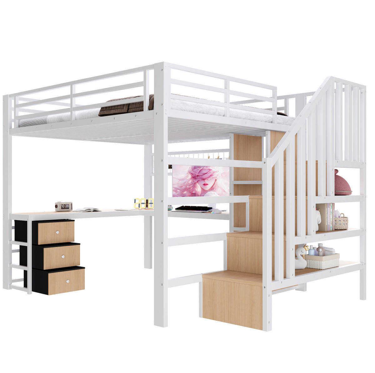 HOCHBETT 140/200 cm weiß aus Metall mit Schreibtisch und LED - Weiß, Metall (140/200cm) - OKWISH