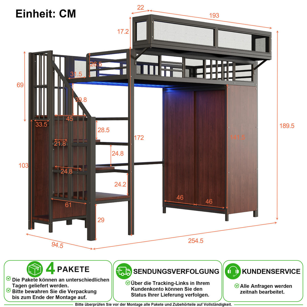 HOCHBETT 90/200 cm in Schwarz mit LED, Kleiderschrank und Regal - Schwarz, Holzwerkstoff/Metall (90/200cm) - CHICFURN