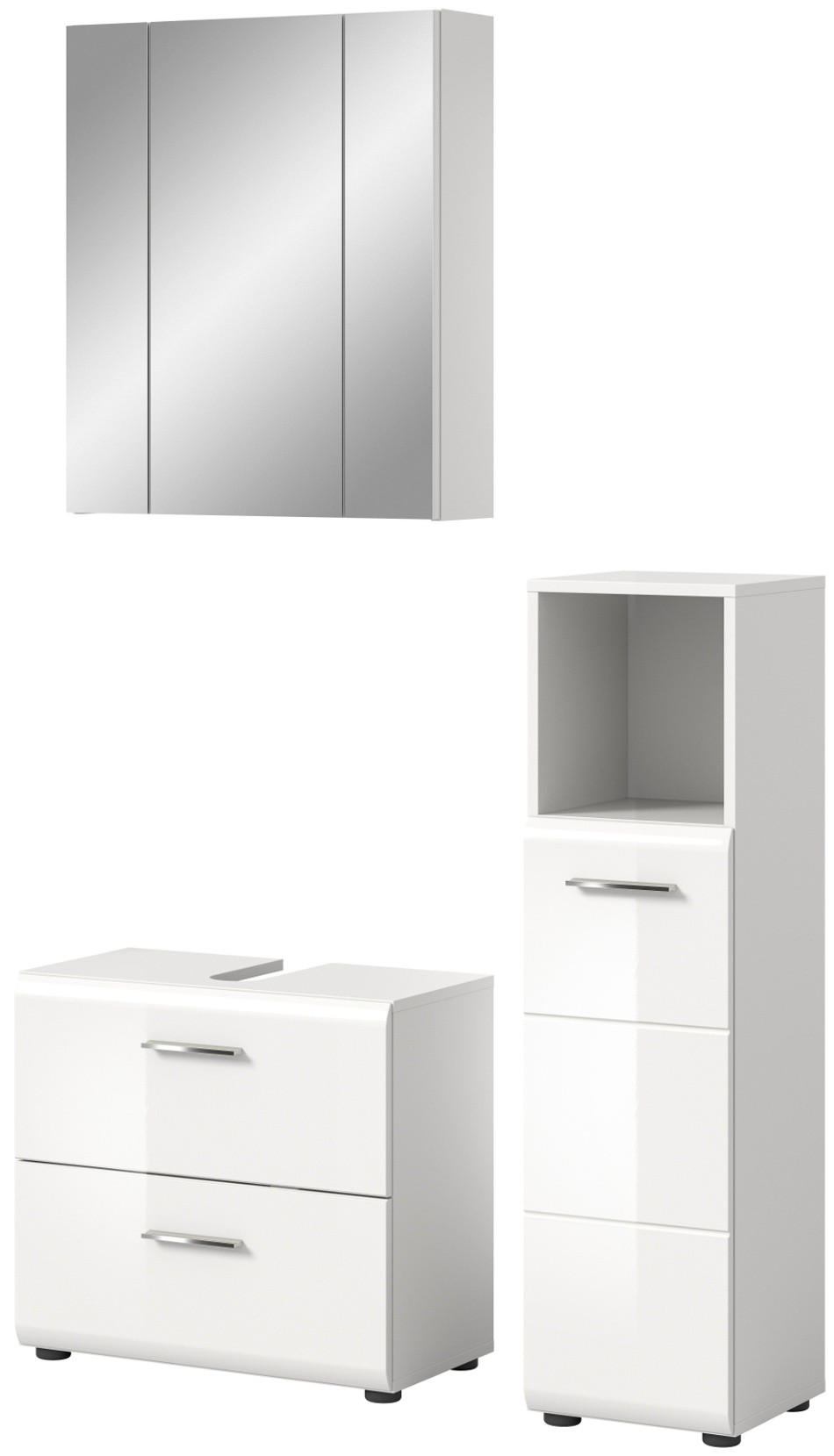 BADMÖBEL-SET 3-teilig weiß Hochglanz, Badkombination mit Spiegelschrank - Weiß Hochglanz/Silberfarben, Glas/Holzwerkstoff (105/185/30cm) - Inn.Furn