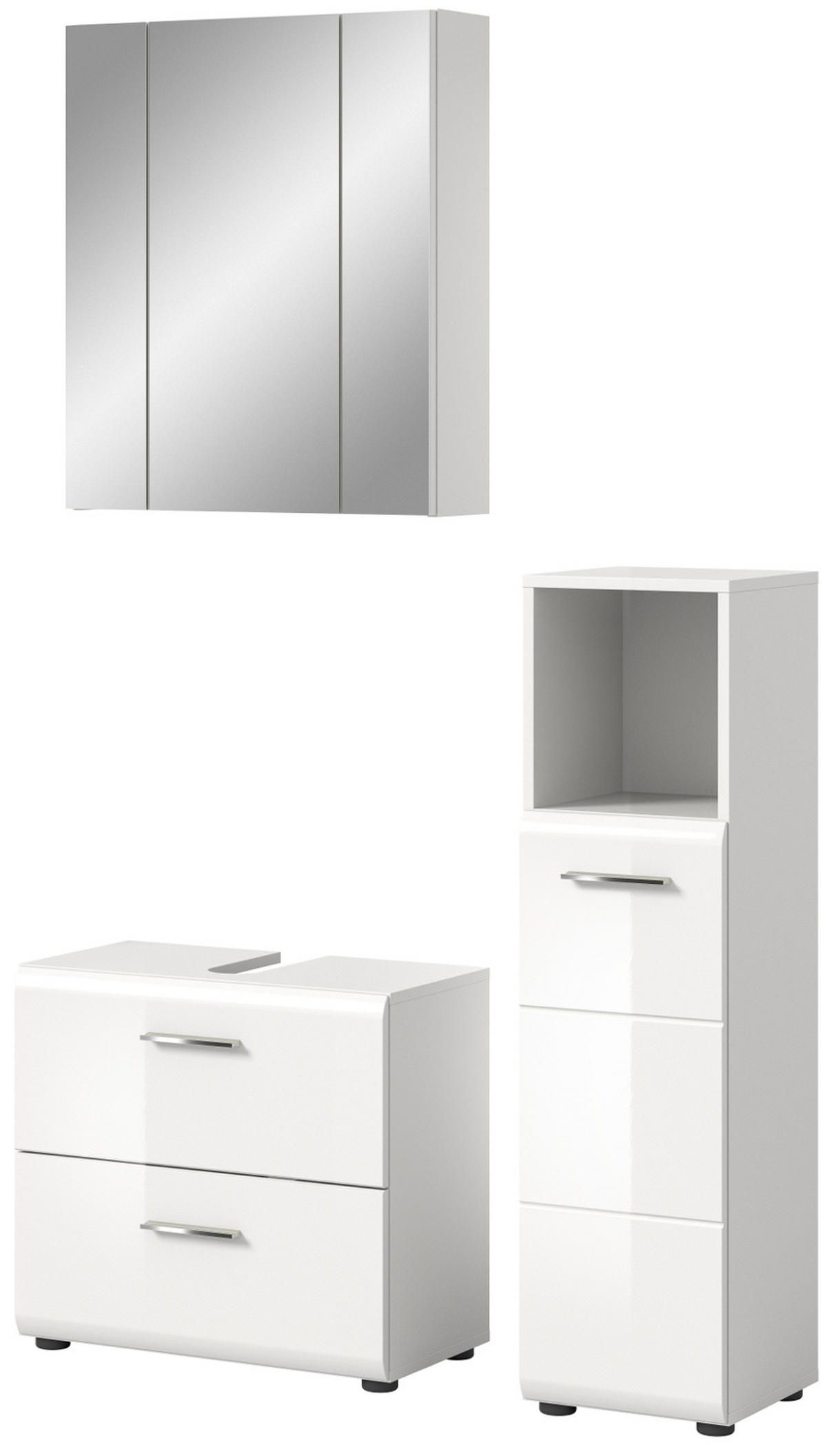 BADMÖBEL-SET 3-teilig weiß Hochglanz, Badkombination mit Spiegelschrank - Weiß Hochglanz/Silberfarben, Glas/Holzwerkstoff (105/185/30cm) - Inn.Furn