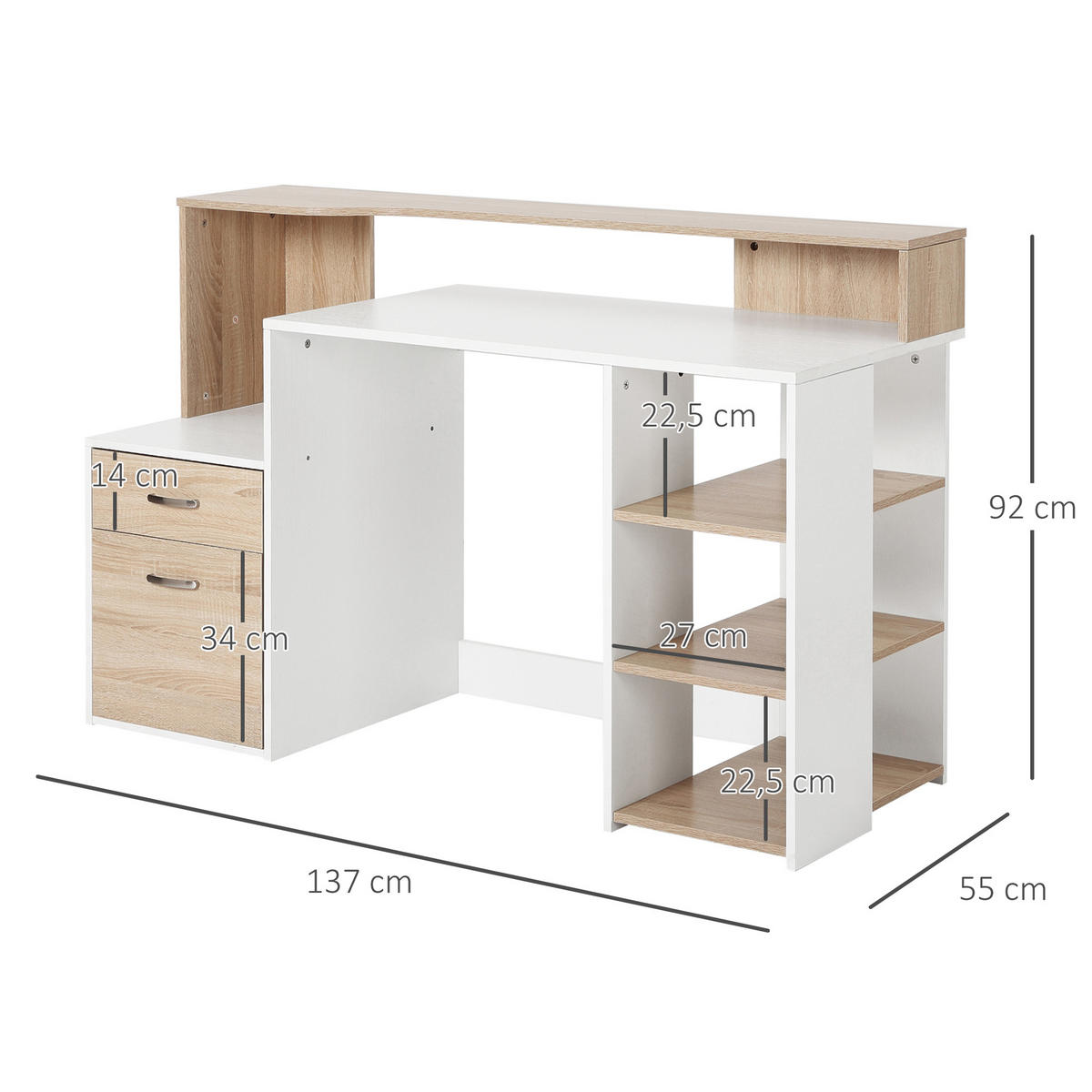 SCHREIBTISCH Eiche mit 2 Schubladen und Regalfächern 137/55/92 cm - Beige, Holzwerkstoff (55/137/92cm) - PANGIVO