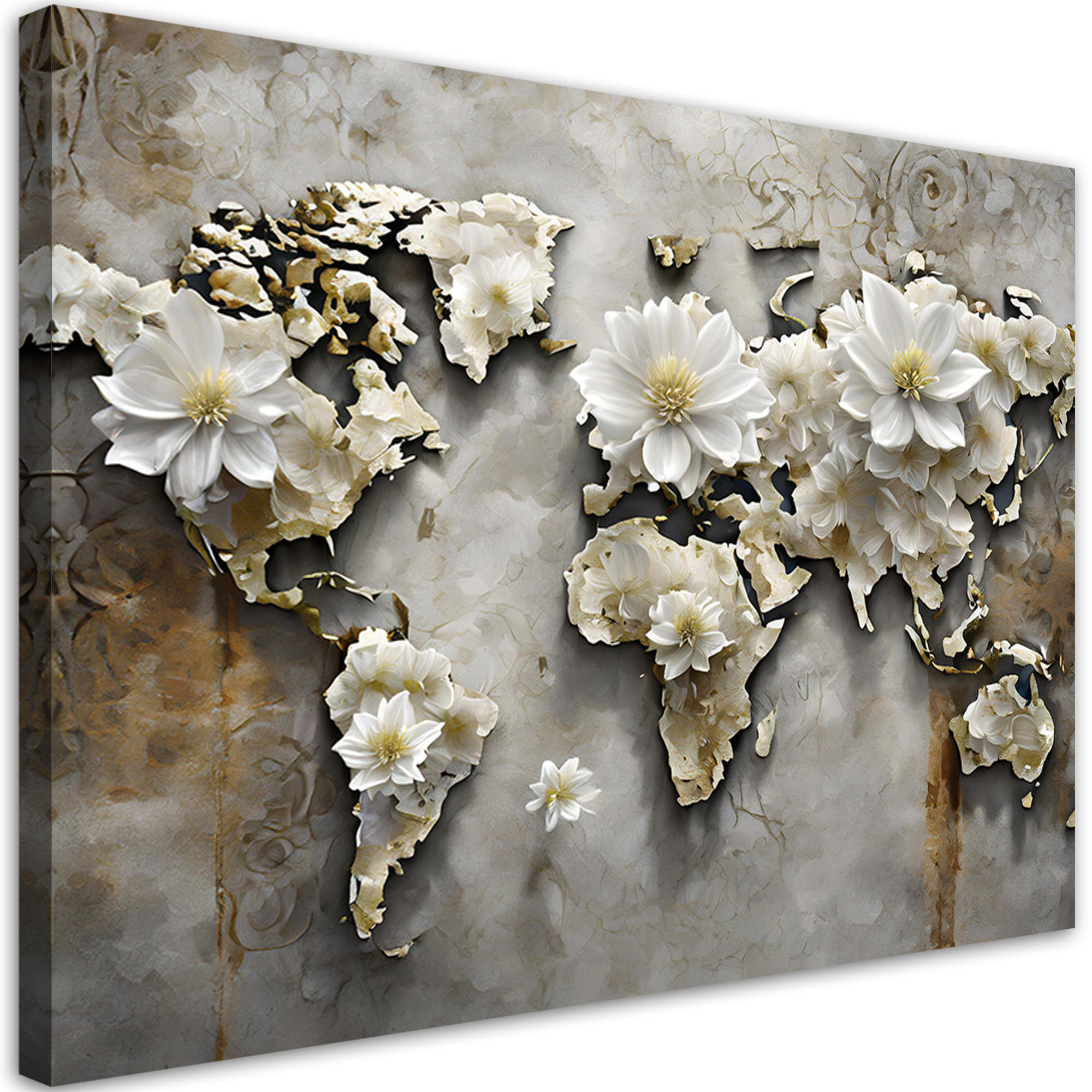 WANDBILD blumen weltkarte - Weiß, Textil (60/40cm) - Feeby