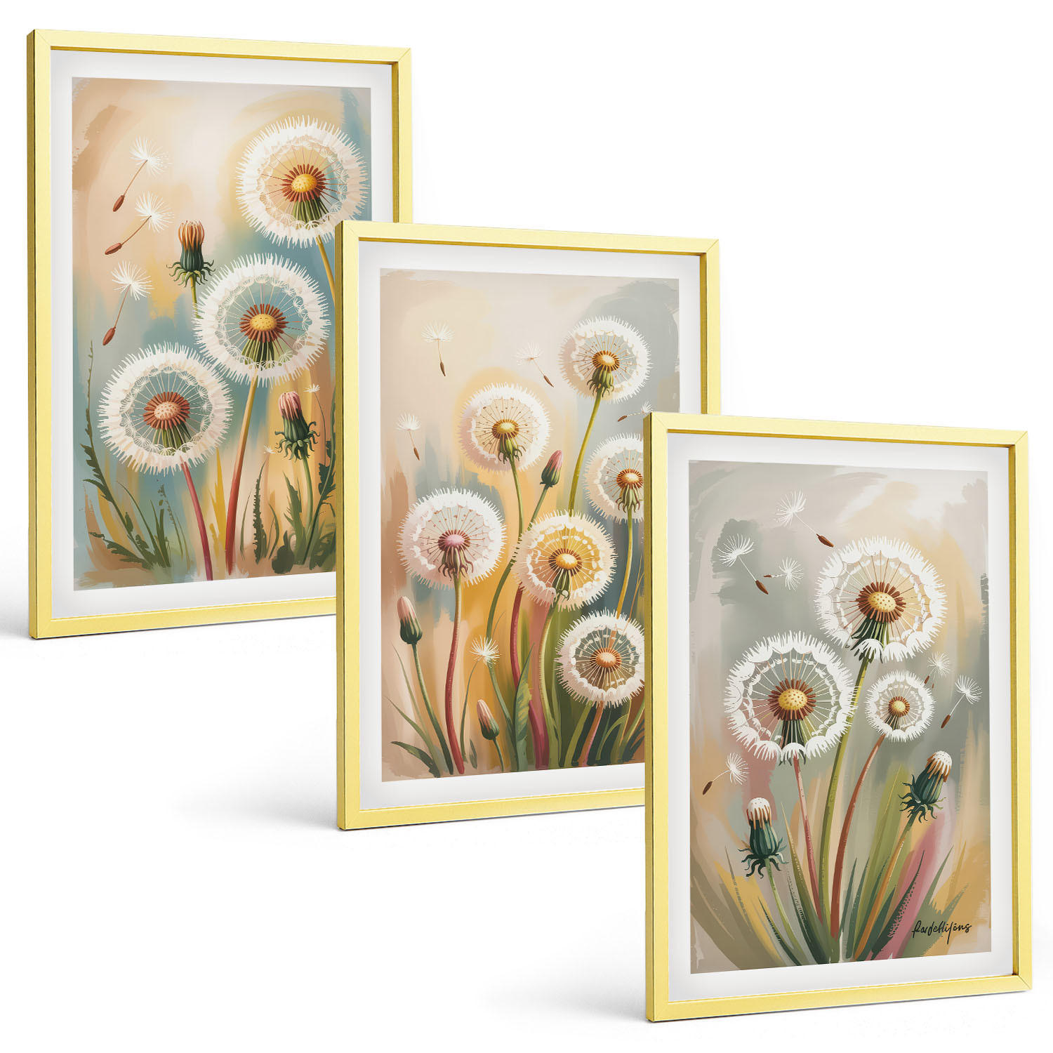 BILDER SET 3er Set - 40x60 cm Goldrahmen - Löwenzahnblüten, pastellfarbene Gräser - Goldfarben, Kunststoff (40/60cm) - TULUP