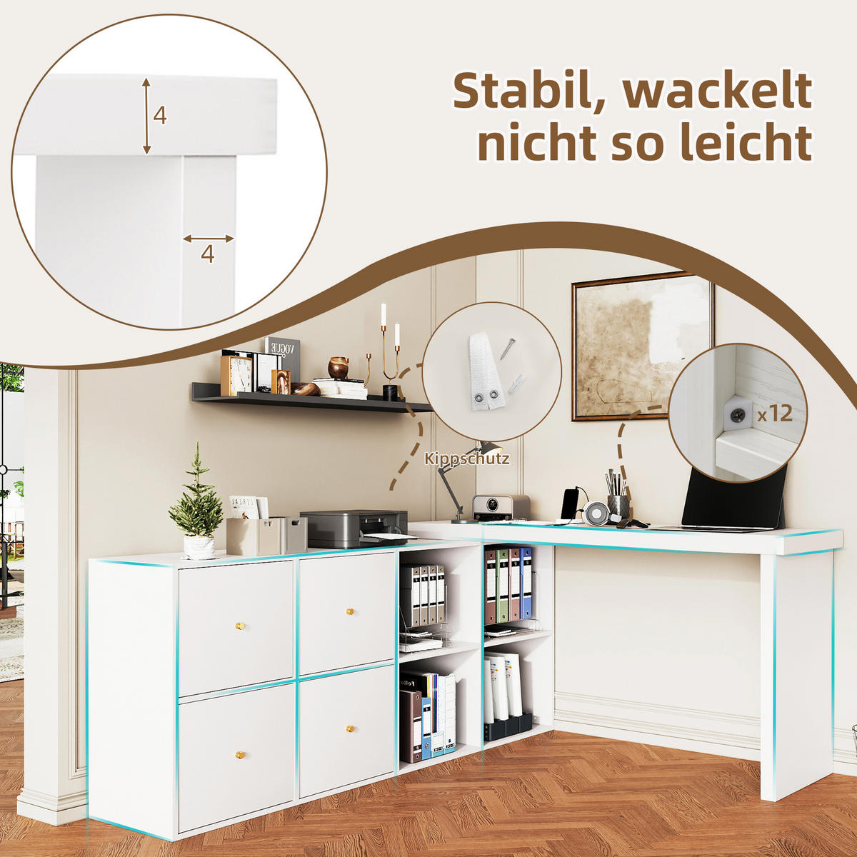 ECKSCHREIBTISCH 360° drehbar L-Form 4 Schubladen 4 Fächer Weiß links - Weiß, Holzwerkstoff (120/48/78cm) - FLIEKS