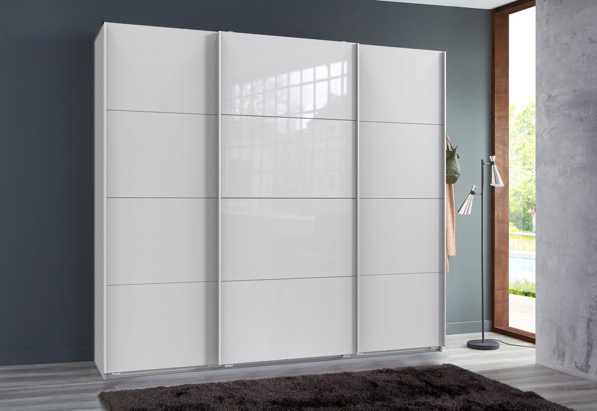 SCHWEBETÜRENSCHRANK 3-türig extrahoch in Weiß, eine Tür mit Glasfront Weiß, B225/H236/T64 cm / 22542 - Weiß, Holzwerkstoff/Metall (225/236/64cm) - luma-home