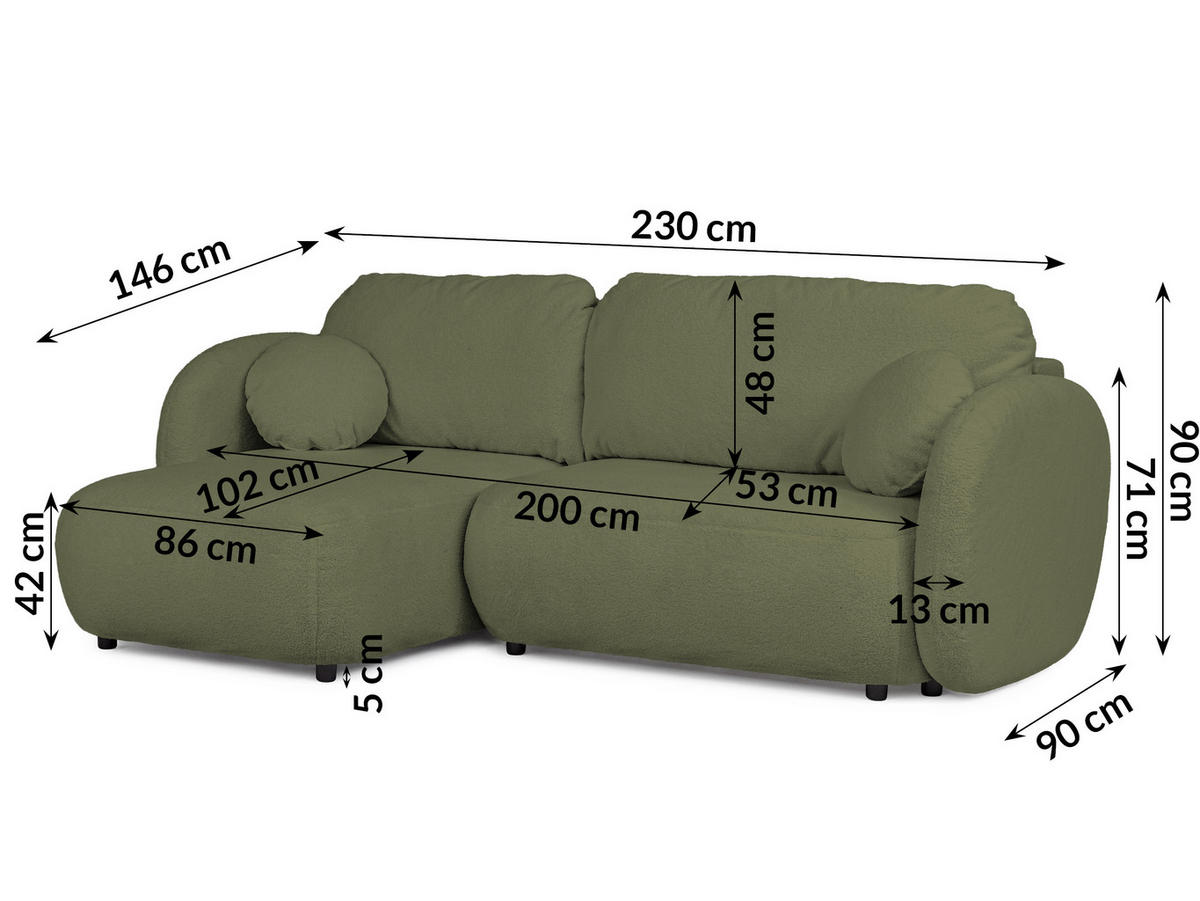 ECKSOFA Candy mit Schlaffunktion Grün Bouclé-Stoff - Ottomane links - Schwarz/Grün, Holz/Kunststoff (230/146cm) - S-Style Möbel