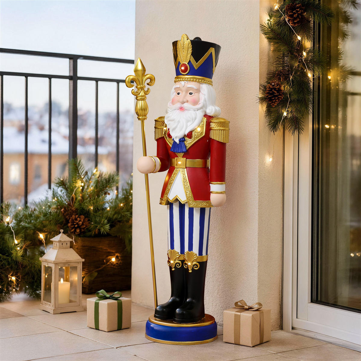 NUSSKNACKER Figur groß 91cm, Weihnachtsdeko mit LED, Timer, MgO - Dunkelrot, Naturmaterialien (28.5/91/28.5cm) - Hometopia