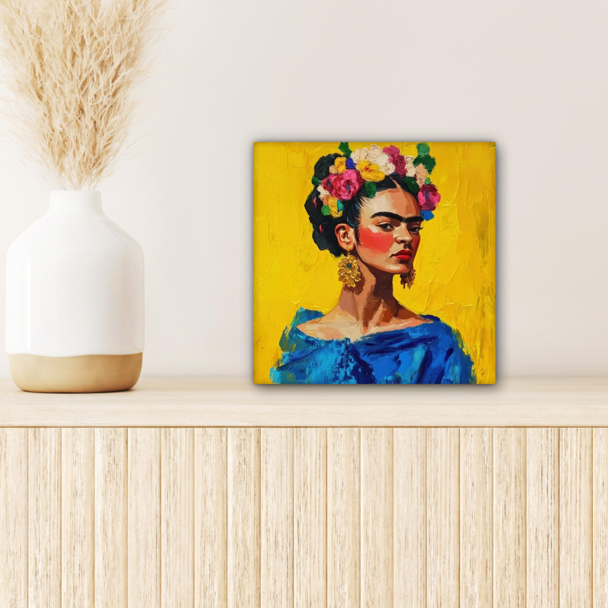 LEINWANDBILD Frida Kahlo - Frau - Gelb - Blau - Blumen 20x20 cm - Gelb, Textil (20/20cm) - MuchoWow