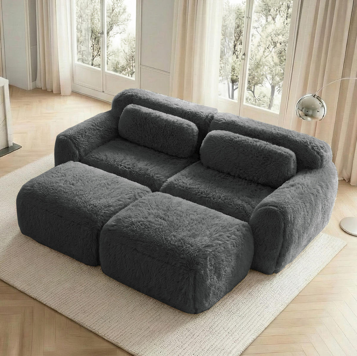 SOFA 204/179/73 cm in Grau aus Plüsch, modular und montagefrei - Grau, Textil (179/73/204cm) - Flora Grace