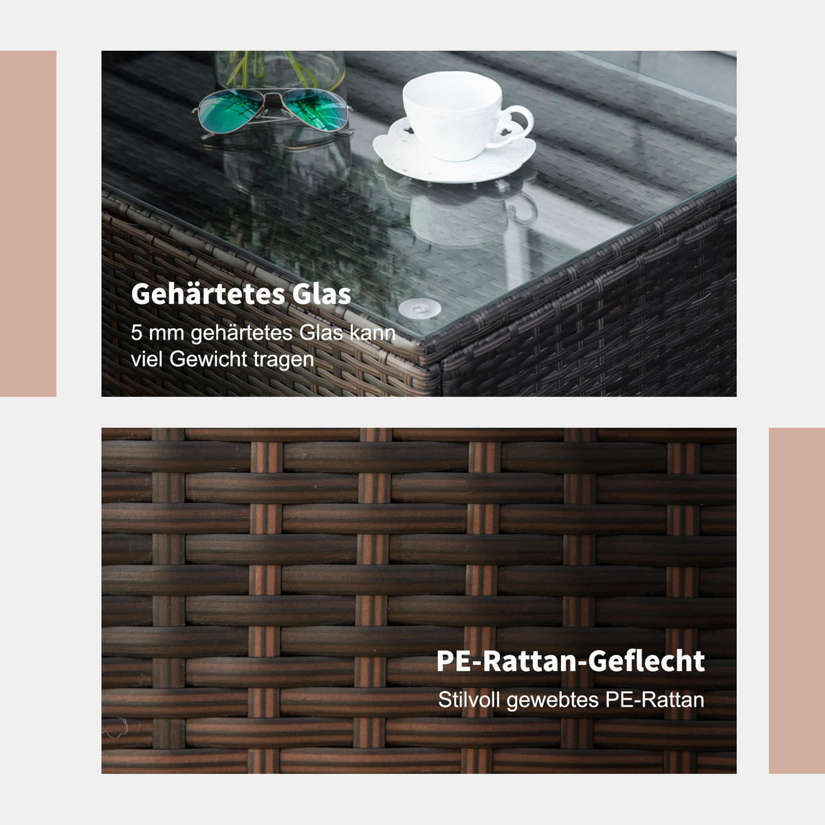 COUCHTISCH, Braun, Metall, PE-Rattan, Gehärtetes Glas - Braun, Kunststoff (85/50/39cm) - Outsunny