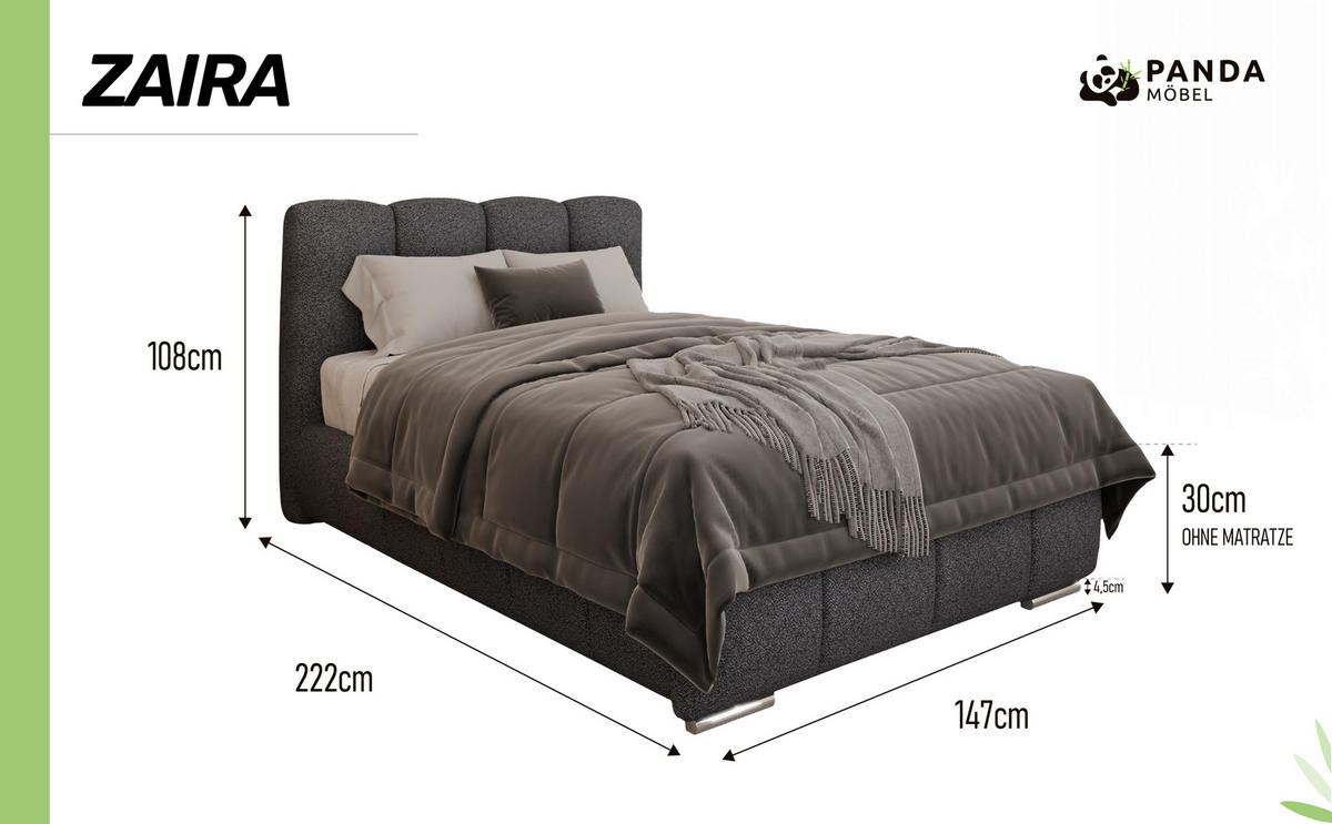 POLSTERBETT Zaira 120 x 200 cm mit Bettkasten und Lattenrost taschenfederkernmatratze 19cm - schwarz - Schwarz, Holz (120/200cm) - Panda Möbel