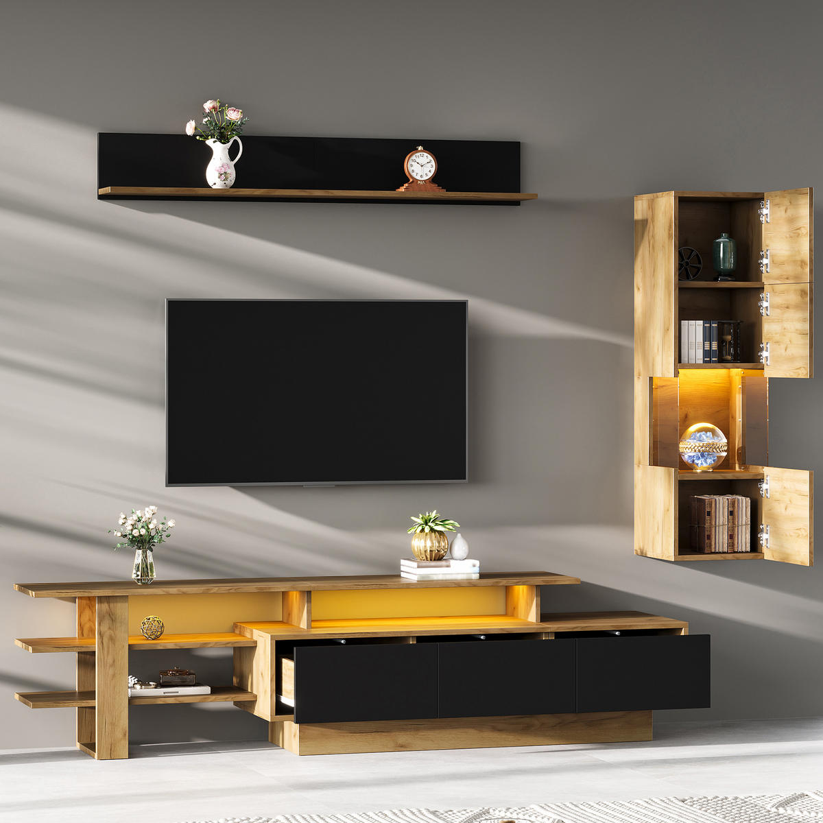 WOHNWAND DE-40422 3-teilig mit LED und 3 Schubladen Naturholz - Naturfarben, Holzwerkstoff (180/45/40cm) - ComfortXL