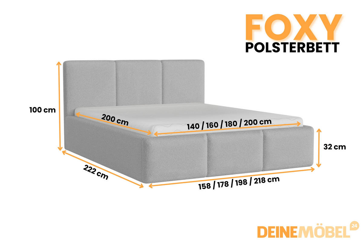 POLSTERBETT FOXY 200/200 in Boucle Hellgrau - Hellgrau, Holz/Holzwerkstoff (200/200cm) - Deine Möbel 24