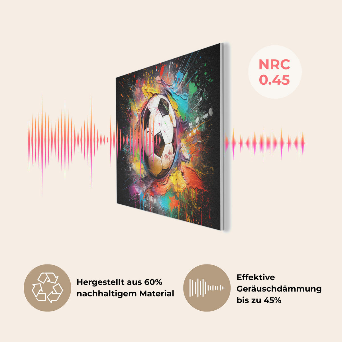 AKUSTIKBILD Fußball - Farbe - Farben - Schwarz - Weiß Akustikpaneele 90x60 cm - Weiß, Kunststoff (90/60/0.9cm) - MuchoWow