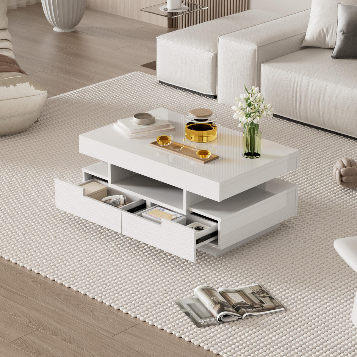 COUCHTISCH, Weiß Hochglanz auf Spanplatte, integrierte LED, 4 Schubladen & 3 offene Fächer, 80/50/36 cm, Weiß - Weiß, Holzwerkstoff (80/50/36cm) - Redom