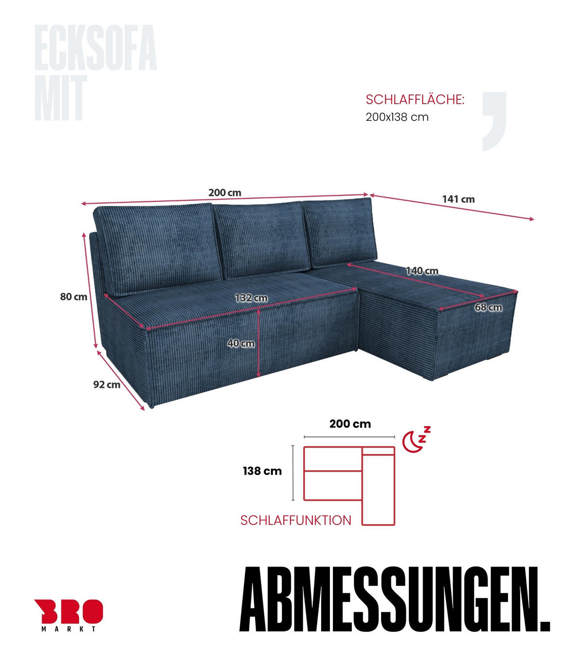 ECKSOFA Hector mit Schlaffunktion Blau Cord - Blau, Textil (200/141cm) - Bromarkt
