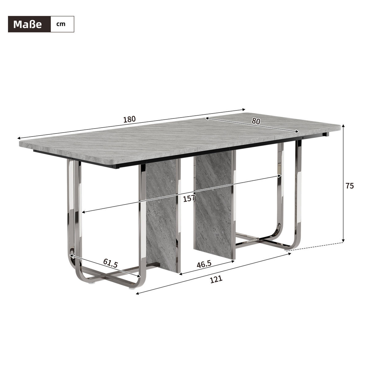 ESSTISCH rechteckig 180 x 80 cm MDF Grau Metallgestell - Grau, Metall (180/80/75cm) - Meubliv